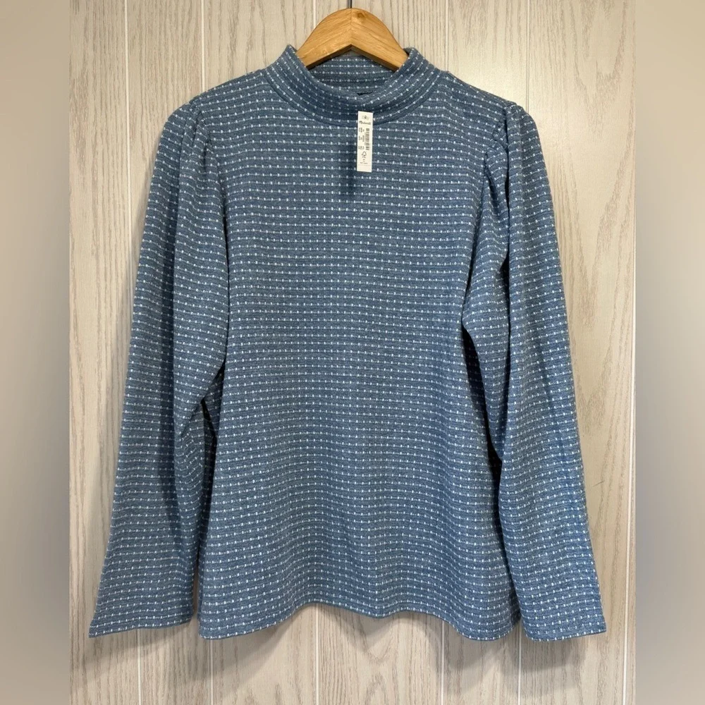 Madewell Jacquard Puff Sleeve Mock Neck Top in Tranquil Lake Size 2X NWT